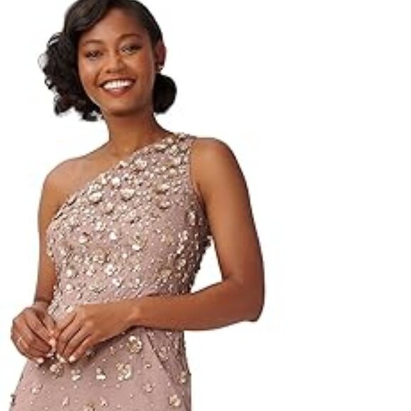 Adrianna Papell. 3d Floral Hand-beaded One-shoulder Long Column Gown. - Picture 1 of 4